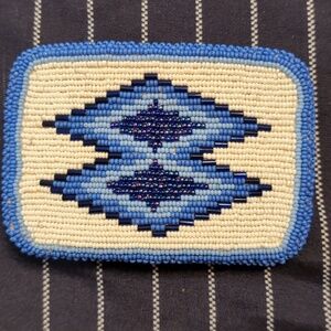 Blue and White Beaded Geometric Belt Buckle